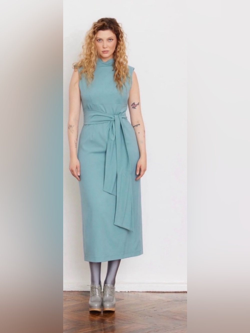 Julia Allert Designer Blue Long Dress With Mock Neck Solid